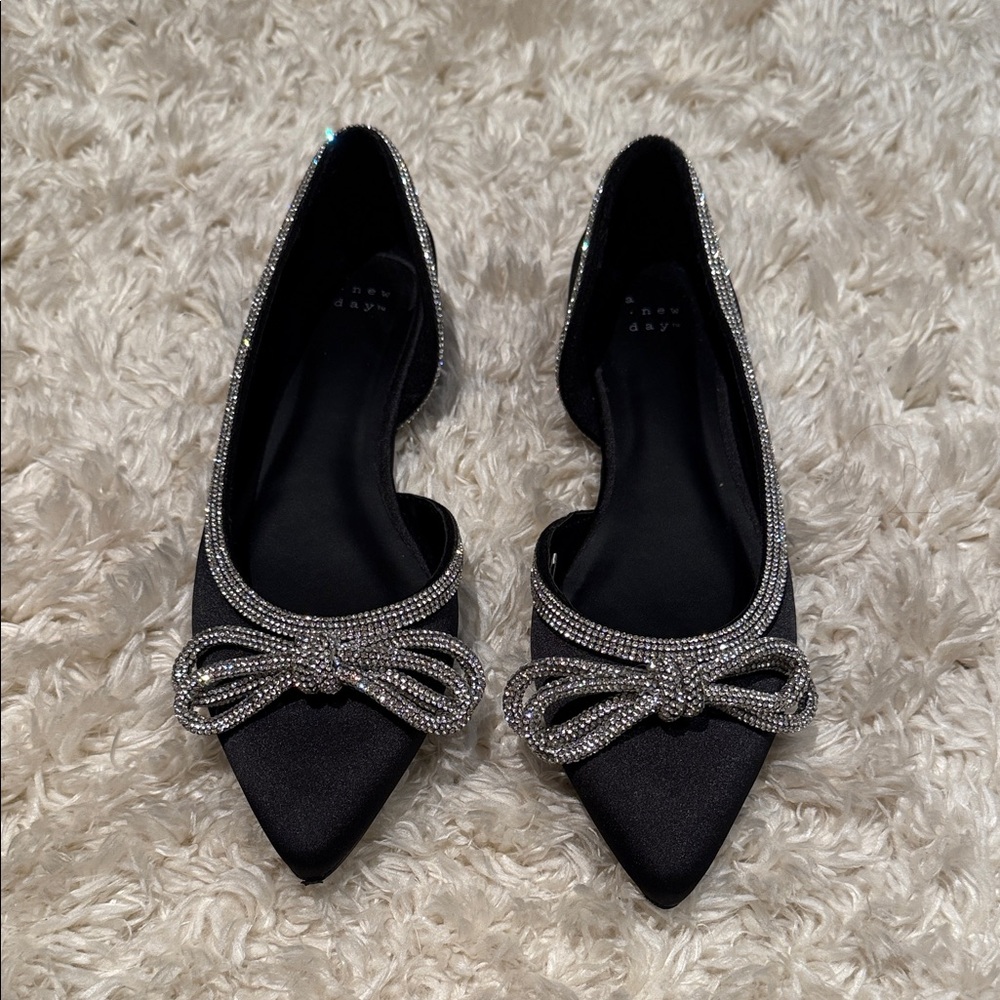 a new day Black Flats with Silver Bow Accents